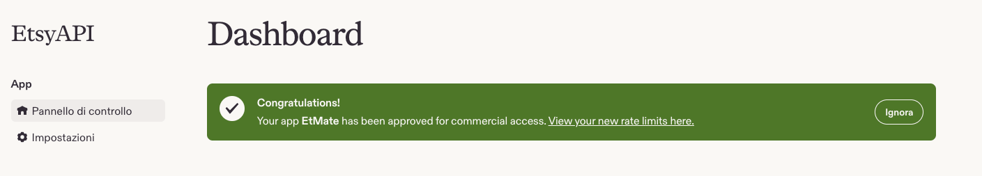 Pannello sviluppatore di Etsy: l'app EtMate risulta approvata per l'accesso commerciale